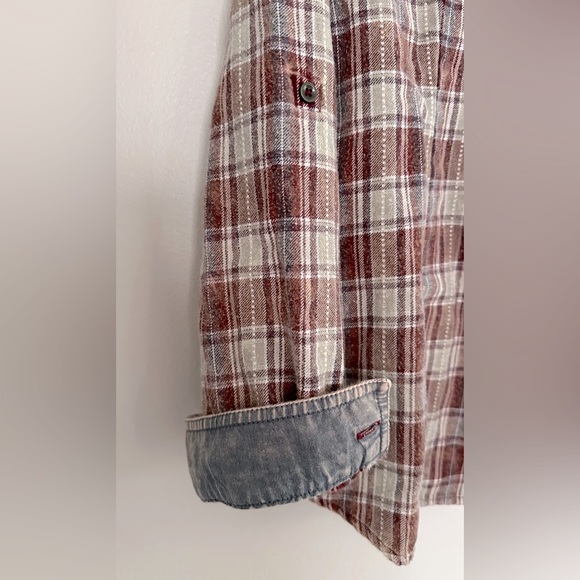 🍁Natural Reflections Sz Large Brown/Tan/Rust Flannel Shirt w/ Denim accents EUC - Picture 6 of 6